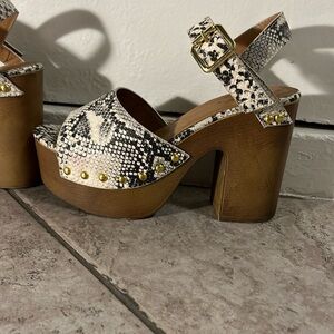 Snakeskin chunky clog heels